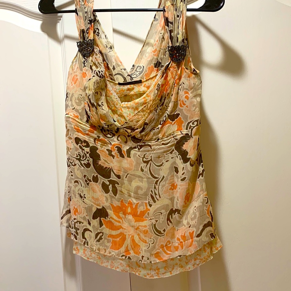Elie Tahari tan, brown and orange 100% silk camisole.